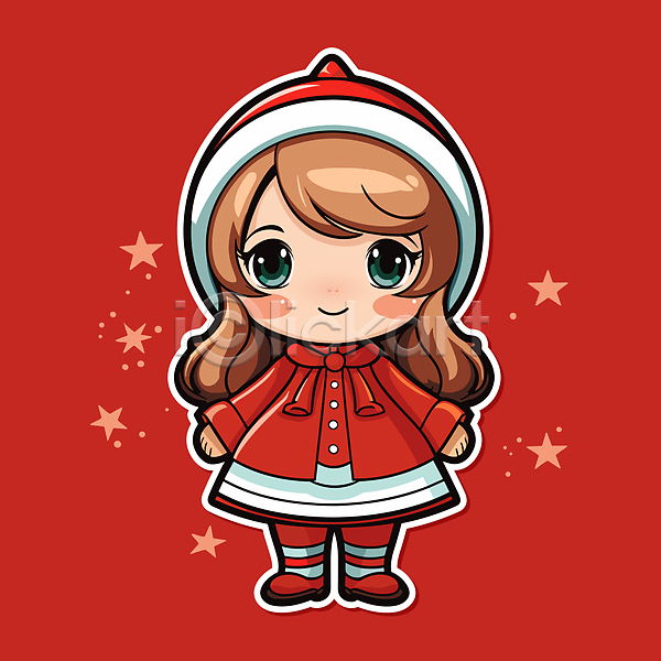 소녀한명만 어린이 여자 한명 AI(파일형식) 일러스트 빨간색 스티커 오브젝트 장식 전신 크리스마스 크리스마스캐릭터