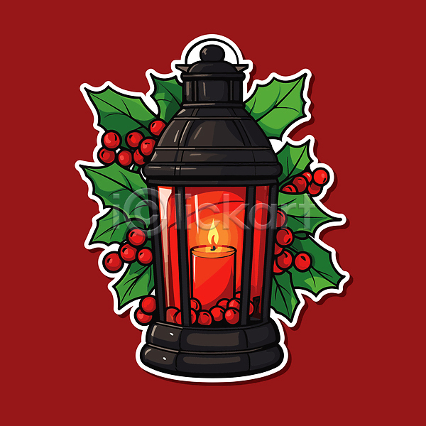 사람없음 AI(파일형식) 일러스트 랜턴 빨간색 스티커 오브젝트 장식 크리스마스 호랑가시나무열매