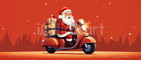 남자 노년 노인남자한명만 한명 JPG 디지털합성 편집이미지 배송 빨간색 산타클로스 선물상자 스쿠터 승차 운전 웃음 전신 크리스마스 크리스마스선물 편집소스