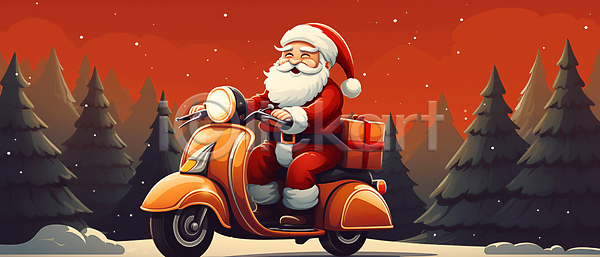 남자 노년 노인남자한명만 한명 JPG 디지털합성 편집이미지 눈(날씨) 배송 빨간색 산타클로스 선물상자 숲 스쿠터 승차 운전 웃음 전신 크리스마스 크리스마스선물 편집소스 하늘