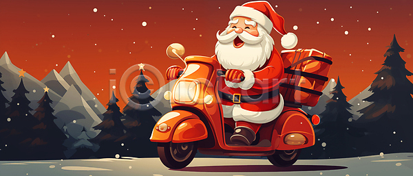 남자 노년 노인남자한명만 한명 JPG 디지털합성 편집이미지 눈(날씨) 배송 빨간색 산타클로스 숲 스쿠터 승차 운전 전신 크리스마스 크리스마스선물 편집소스 하늘