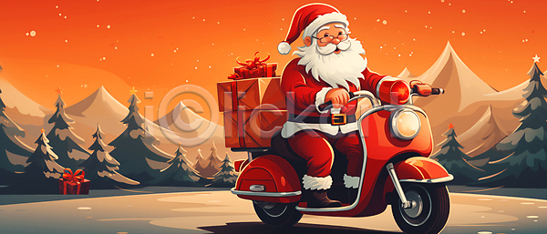 남자 노년 노인남자한명만 한명 JPG 디지털합성 편집이미지 눈(날씨) 배송 빨간색 산타클로스 선물상자 숲 스쿠터 승차 운전 전신 크리스마스 크리스마스선물 편집소스 하늘