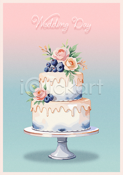 사람없음 AI(파일형식) 일러스트 2단케이크 결혼 꽃 블루베리 웨딩케이크 잎 장식 케이크스탠드
