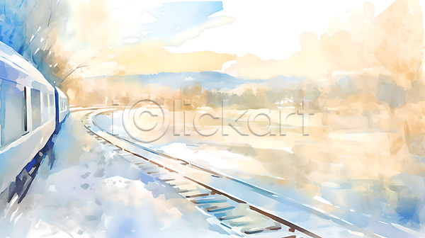 추위 사람없음 JPG 일러스트 겨울 겨울풍경 구름(자연) 기차 기찻길 눈(날씨) 눈덮임 백그라운드 번짐 산 설경 설원 수채화(물감) 풍경(경치) 하늘