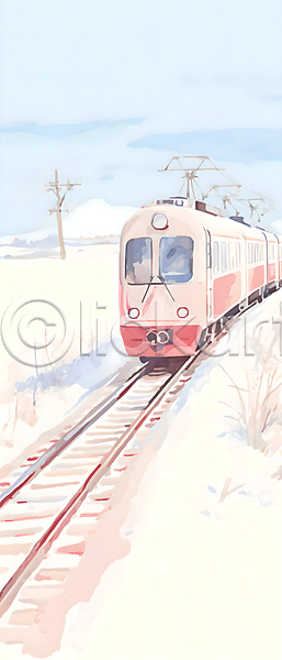 추위 사람없음 JPG 일러스트 겨울 겨울풍경 구름(자연) 기차 기찻길 나무 눈(날씨) 눈덮임 백그라운드 번짐 설경 설원 수채화(물감) 전선 풍경(경치) 하늘
