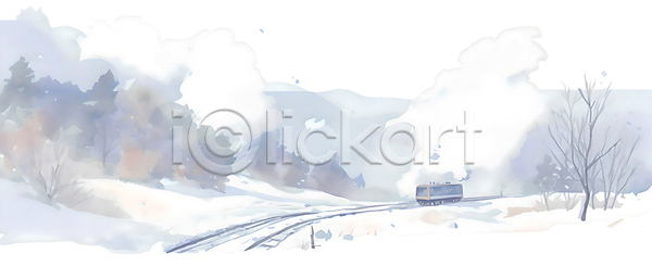 추위 사람없음 JPG 일러스트 겨울 겨울풍경 구름(자연) 기차 기찻길 나무 눈(날씨) 눈덮임 백그라운드 번짐 설경 설원 수채화(물감) 연기 풍경(경치) 하늘