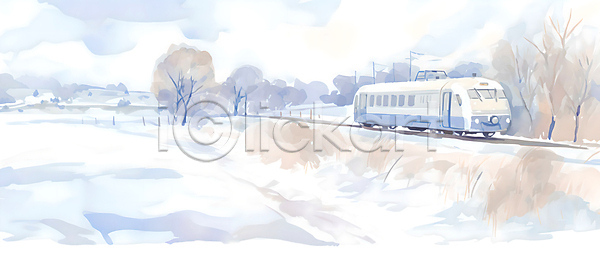 추위 사람없음 JPG 일러스트 겨울 겨울풍경 구름(자연) 기차 기찻길 나무 눈(날씨) 눈덮임 백그라운드 번짐 설경 설원 수채화(물감) 풍경(경치) 하늘
