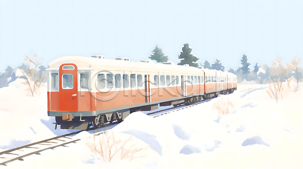 추위 사람없음 JPG 일러스트 겨울 겨울풍경 구름(자연) 기차 기찻길 나무 눈(날씨) 백그라운드 번짐 설경 수채화(물감) 풍경(경치) 하늘