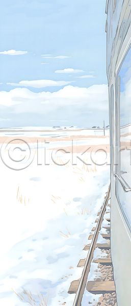 추위 사람없음 JPG 일러스트 겨울 겨울풍경 구름(자연) 기차 기찻길 눈(날씨) 눈덮임 백그라운드 번짐 설경 설원 수채화(물감) 풍경(경치) 하늘