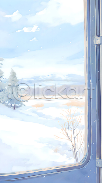 추위 사람없음 JPG 일러스트 겨울 겨울풍경 구름(자연) 기차 나무 눈(날씨) 눈덮임 백그라운드 번짐 산 설경 설원 수채화(물감) 창틀 풍경(경치) 하늘