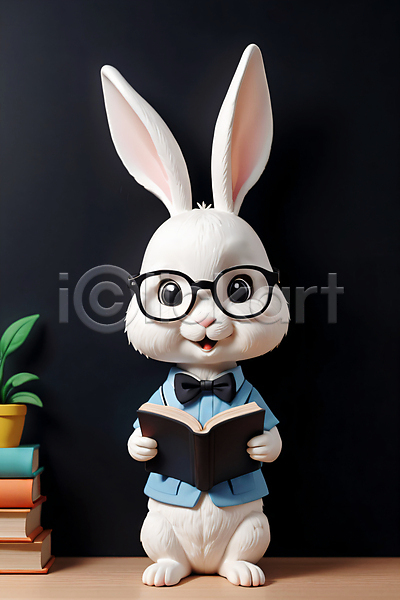 사람없음 JPG 편집이미지 교육 독서 동물 들기 안경 안경낌 인형 책 토끼 토끼캐릭터 피규어 한마리