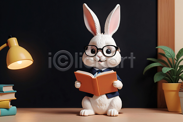 사람없음 JPG 편집이미지 교육 독서 동물 들기 스탠드 안경 안경낌 인형 책 토끼 토끼캐릭터 피규어 한마리 화분
