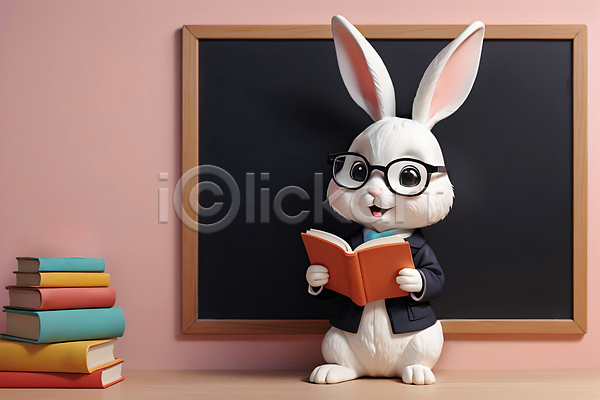 사람없음 JPG 편집이미지 교육 독서 동물 들기 안경 안경낌 인형 책 칠판 토끼 토끼캐릭터 피규어 한마리