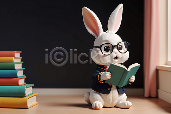 사람없음 JPG 편집이미지 교육 독서 동물 들기 안경 안경낌 인형 책 토끼 토끼캐릭터 피규어 한마리