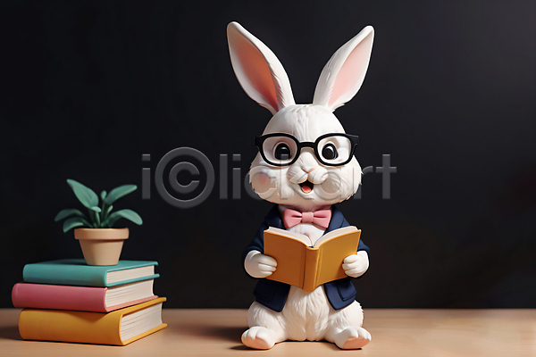 사람없음 JPG 편집이미지 교육 독서 동물 들기 안경 안경낌 인형 책 토끼 토끼캐릭터 피규어 한마리 화분