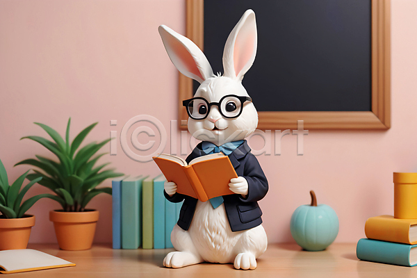 사람없음 JPG 편집이미지 교육 독서 동물 들기 안경 안경낌 인형 책 토끼 토끼캐릭터 피규어 한마리 화분