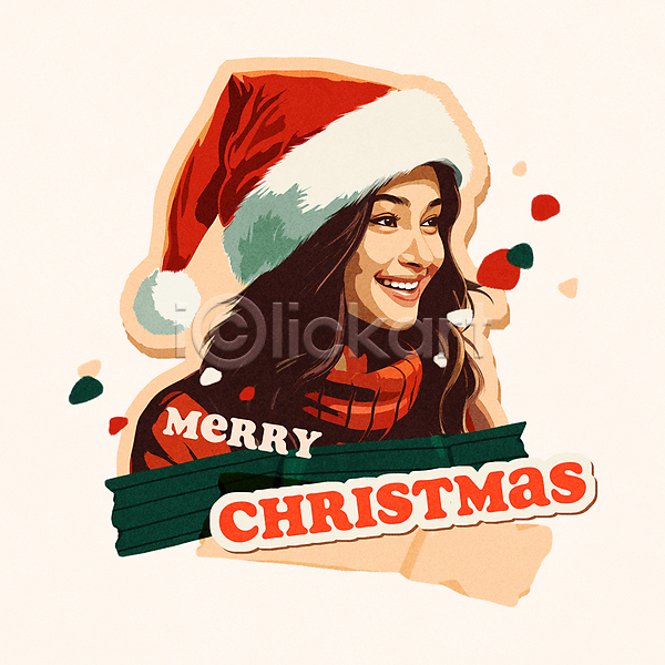 빈티지 성인 성인여자한명만 여자 한명 PSD 일러스트 마스킹테이프 미소(표정) 빨간색 산타모자 산타옷 산타클로스 상반신 스티커 영어 크리스마스 키치 테이프