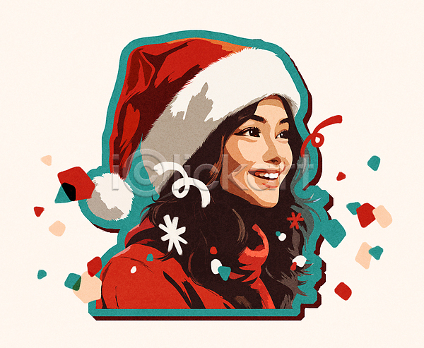 빈티지 성인 성인여자한명만 여자 한명 PSD 일러스트 미소(표정) 빨간색 산타모자 산타옷 산타클로스 상반신 스티커 크리스마스 키치