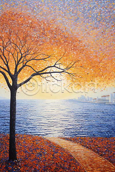 사람없음 JPG 일러스트 가을(계절) 가을풍경 건물 길 단풍 단풍나무 도시 바다 백그라운드 점묘화 태양 해변