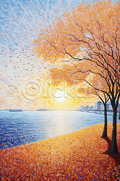 사람없음 JPG 일러스트 가을(계절) 가을풍경 건물 단풍 단풍나무 도시 바다 백그라운드 점묘화 태양 해변