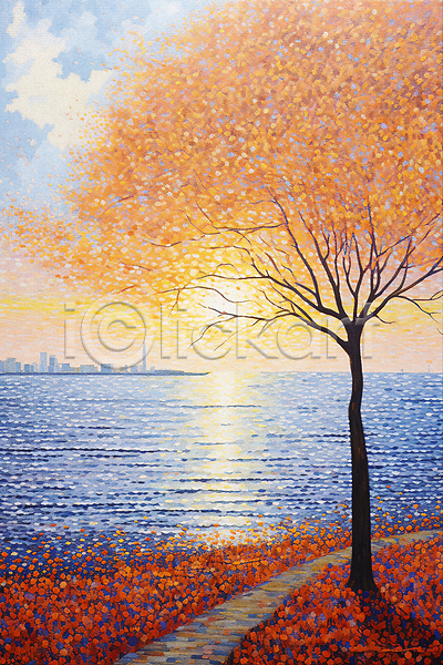 사람없음 JPG 일러스트 가을(계절) 가을풍경 건물 길 단풍 단풍나무 도시 바다 백그라운드 점묘화 태양 해변