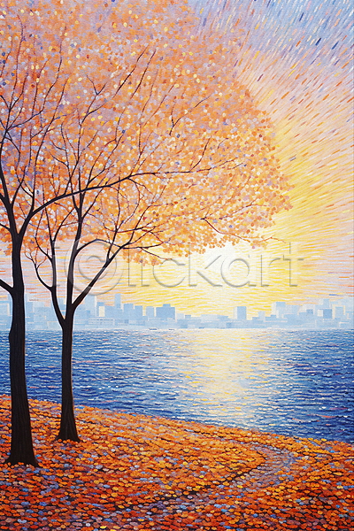 사람없음 JPG 일러스트 가을(계절) 가을풍경 건물 단풍 단풍나무 도시 바다 백그라운드 점묘화 태양 해변