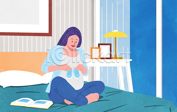 성인 성인여자한명만 여자 한명 PSD 일러스트 가족 내려보기 들기 스탠드 아기신발 앉기 액자 육아일기 임산부 임신 전신 침대 침실 탁자