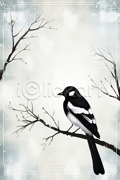 사람없음 PSD 일러스트 흑백 까치 나뭇가지 새해 설날 수묵화 수채화(물감) 전통 테두리 한마리 화조화