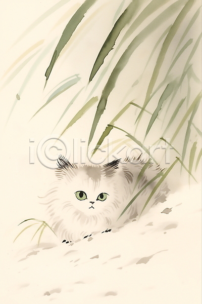 사람없음 JPG 일러스트 겨울 고양이 눈(날씨) 동양화 번짐 수묵화 풀잎 풍경(경치) 한마리