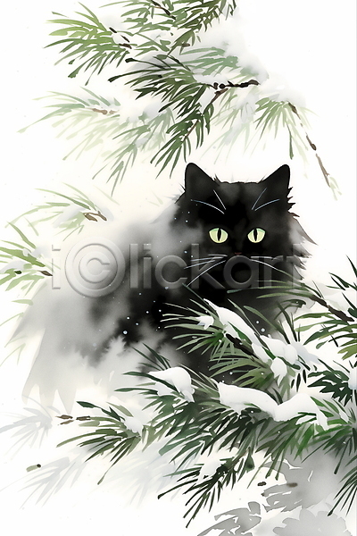 사람없음 JPG 일러스트 겨울 고양이 눈(날씨) 동양화 번짐 소나무 수묵화 풀잎 풍경(경치) 한마리