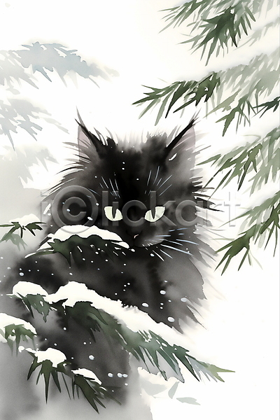 사람없음 JPG 일러스트 겨울 고양이 눈(날씨) 동양화 번짐 수묵화 풀잎 풍경(경치) 한마리