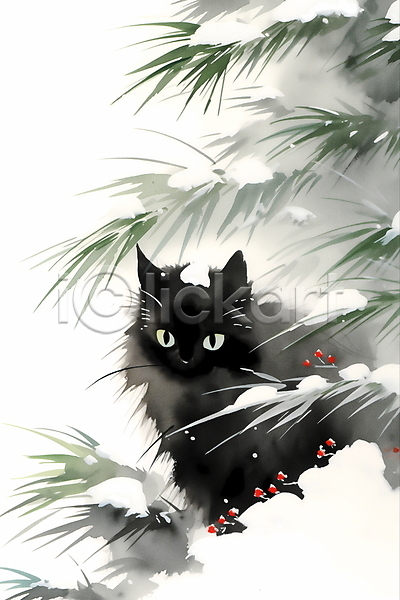 사람없음 JPG 일러스트 겨울 고양이 눈(날씨) 동양화 번짐 소나무 수묵화 풀잎 풍경(경치) 한마리