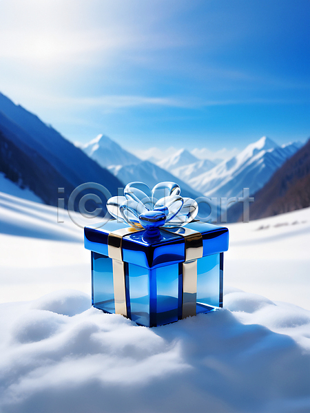 사람없음 JPG 디지털합성 편집이미지 겨울 눈(날씨) 리본 선물상자 설산 유리 자연 투명 파란색 편집소스 풍경(경치) 하늘