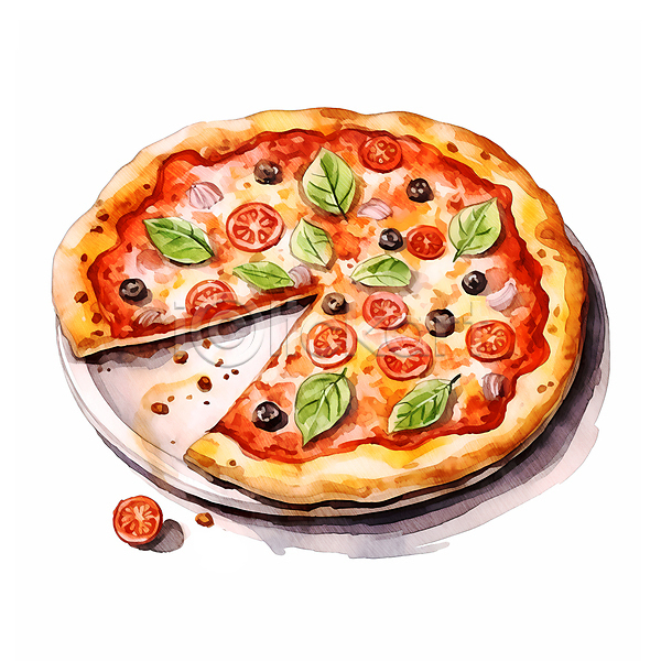 사람없음 JPG 일러스트 서양음식 수채화(물감) 수채화붓 음식 접시 조각 토마토 패스트푸드 피자