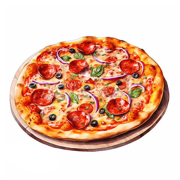 사람없음 JPG 일러스트 서양음식 수채화(물감) 수채화붓 원형 음식 쟁반 패스트푸드 피자