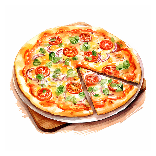 사람없음 JPG 일러스트 서양음식 수채화(물감) 수채화붓 원형 음식 쟁반 조각 패스트푸드 피자