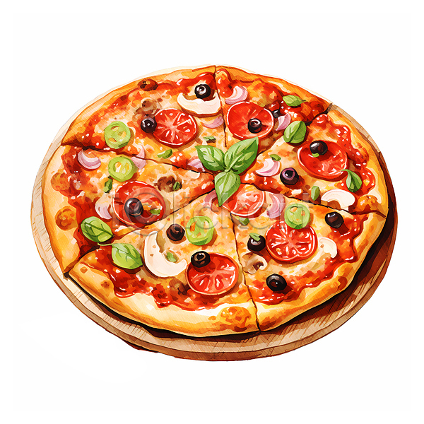 사람없음 JPG 일러스트 서양음식 수채화(물감) 수채화붓 원형 음식 쟁반 조각 패스트푸드 피자