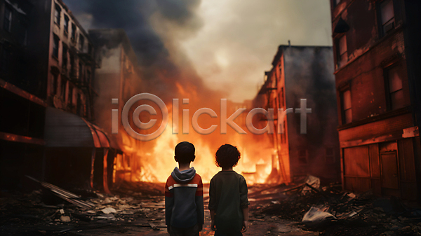 남자 두명 소년 소년만 어린이 JPG 편집이미지 건물 고아 무너짐 불 붕괴 상반신 손상 응시 전쟁 전쟁터 폐허 하늘 화재