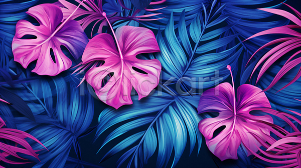 사람없음 JPG 일러스트 몬스테라 백그라운드 보테니컬아트 분홍색 야자수잎 열대 열대잎 이국적 트로피컬아트 파란색 패턴
