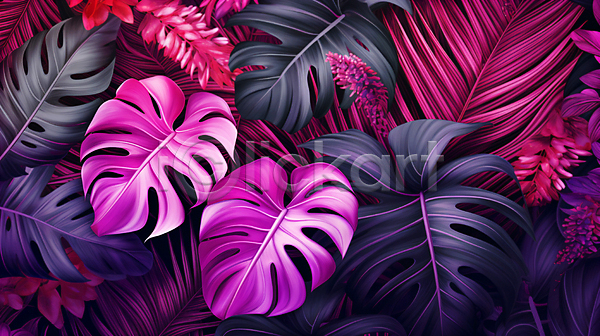 사람없음 JPG 일러스트 몬스테라 백그라운드 보라색 보테니컬아트 야자수잎 열대 열대잎 이국적 자주색 트로피컬아트 패턴