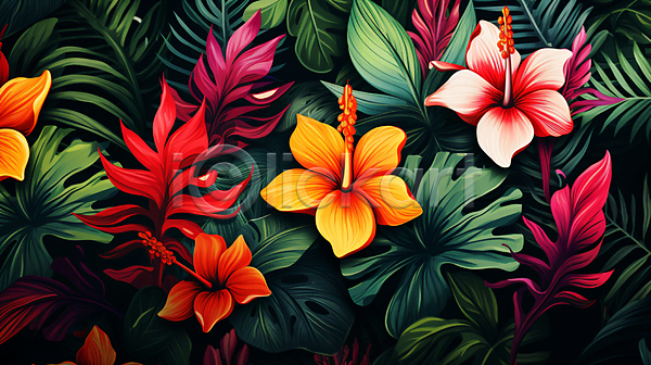 사람없음 JPG 일러스트 꽃 백그라운드 보테니컬아트 야자수잎 열대 열대꽃 열대잎 이국적 컬러풀 트로피컬아트 패턴 하와이무궁화