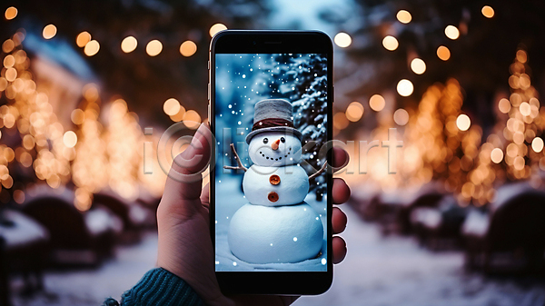 신체부위 JPG 디지털합성 편집이미지 거리 겨울 눈사람 들기 보케 사진촬영 손 스마트폰 크리스마스 풍경(경치)