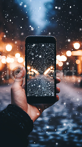 신체부위 JPG 디지털합성 편집이미지 거리 겨울 눈(날씨) 들기 보케 사진촬영 손 스마트폰 크리스마스 풍경(경치)