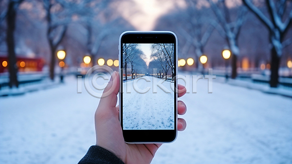 신체부위 JPG 디지털합성 편집이미지 거리 겨울 눈(날씨) 들기 사진촬영 손 스마트폰 크리스마스 풍경(경치)