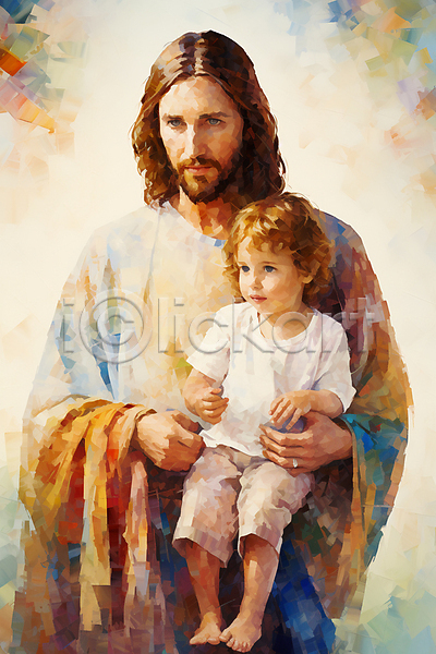 함께함 남자 남자만 두명 성인 소년 어린이 JPG 일러스트 기독교 들기 미술 상반신 안기 예수 유화 전신 추상