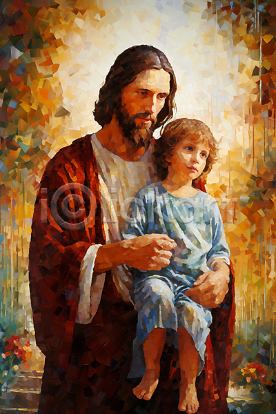 함께함 남자 남자만 두명 성인 소년 어린이 JPG 일러스트 기독교 들기 미술 상반신 안기 앉기 예수 유화 전신 추상
