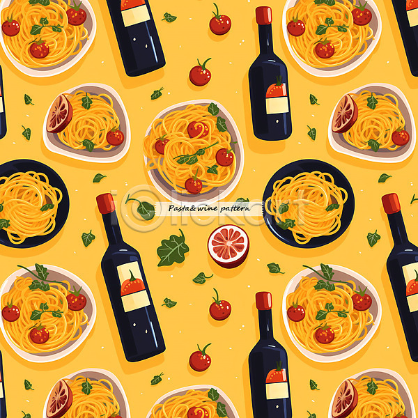 사람없음 PSD 편집이미지 노란색 스파게티 와인 와인병 토마토 파스타 패턴 패턴백그라운드 허브