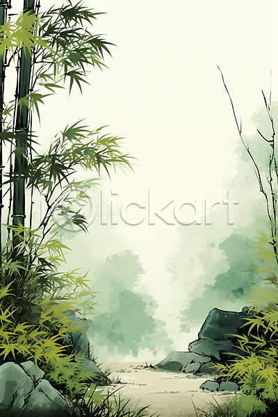 분위기 사람없음 JPG 일러스트 대나무 대나무숲 수묵화 식물 여름(계절) 초록색 풍경(경치)