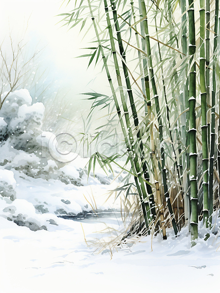 분위기 사람없음 JPG 일러스트 겨울 눈(날씨) 눈덮임 대나무 대나무숲 수묵화 식물 초록색 풍경(경치)
