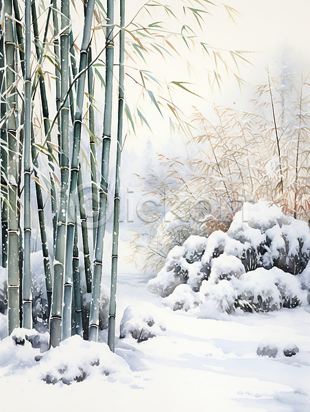 분위기 사람없음 JPG 일러스트 겨울 눈(날씨) 눈덮임 대나무 대나무숲 수묵화 식물 초록색 풍경(경치)